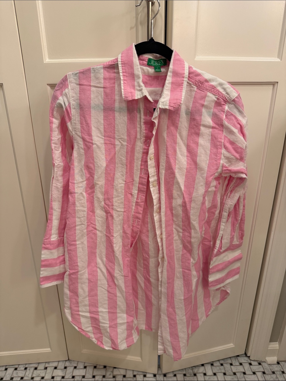 J. Crew  Pink and White Vertical Stripe Button-Down Linen tunic